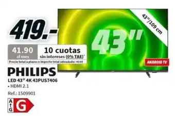 MediaMarkt Phiips LED 43" 4k 43PUS7406 oferta