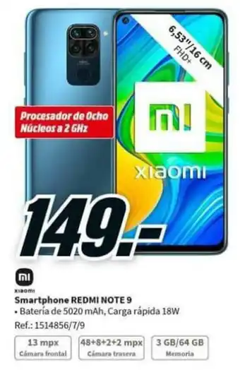MediaMarkt Xiaomi Smartphone Redmi Note 9 oferta