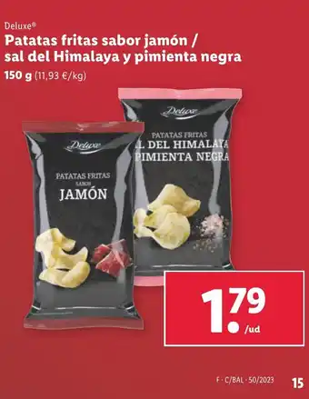 Lidl Deluxe® Patatas fritas sabor jamón / sal del Himalaya y pimienta negra oferta