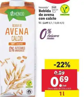 Lidl Vermondo Bebida de avena con calcio 1l oferta