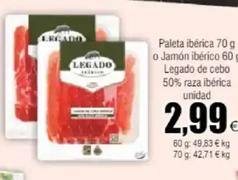 FROIZ Paleta ibérica 70 g o Jamón ibérico 60 g Legado de cebo 50% raza ibérica unidad oferta