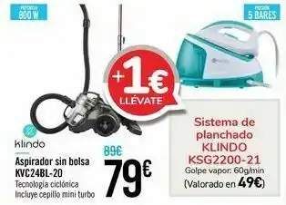 Carrefour Aspirador sin bolsa klindo kvc24bl-20 + sistema de planchado klindo ksg2200-21 oferta