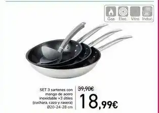 Carrefour Set 3 sartenes con mango de acero inoxidable + 3 útiles (cuchara, cazo y rasera) oferta