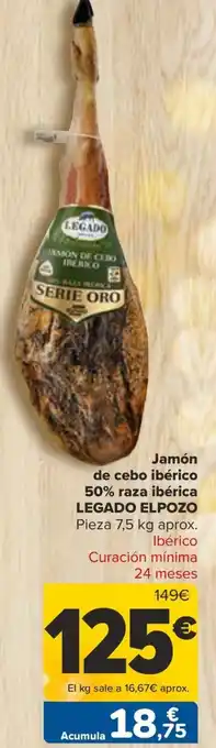 Carrefour Jamón de cebo ibérico 50% raza ibérica LEGADO ELPOZO oferta