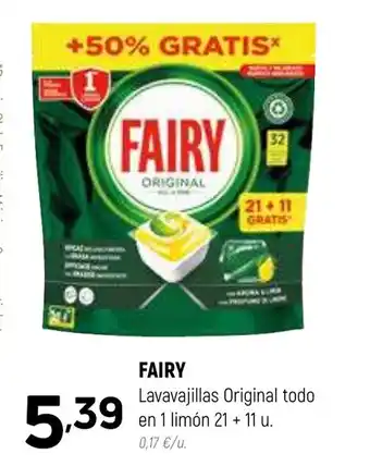 Coviran FAIRY Lavavajillas Original todo en 1 limón 21 + 11 u. oferta