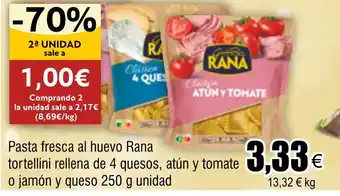 FROIZ Pasta fresca al huevo Rana tortellini rellena de 4 quesos, atún y tomate o jamón y queso 250 g unidad oferta