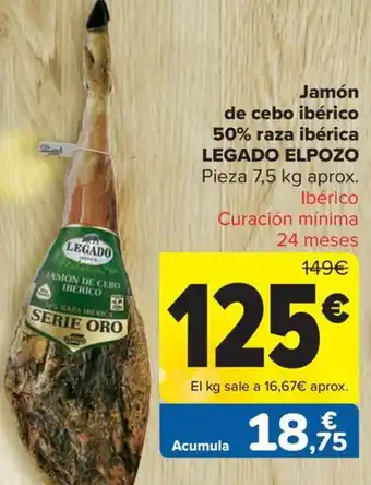 Carrefour Market Jamón de cebo ibérico 50% raza ibérica LEGADO ELPOZO Pieza 7,5 kg aprox. Ibérico oferta