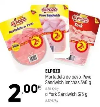 Coviran Elpozo Mortadela de pavo, Pavo Sándwich lonchas 340g o york Sandwich 375g oferta