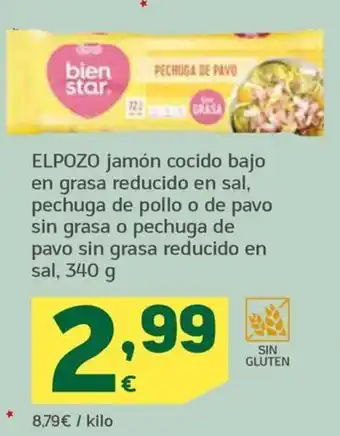 HiperDino ELPOZO jamón cocido bajo en grasa reducido en sal, oferta