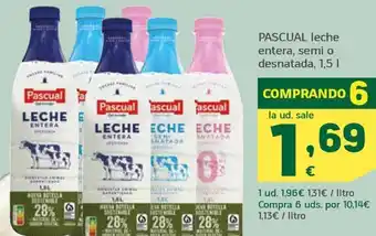 HiperDino PASCUAL leche entera, semi o desnatada, 1,5 I oferta