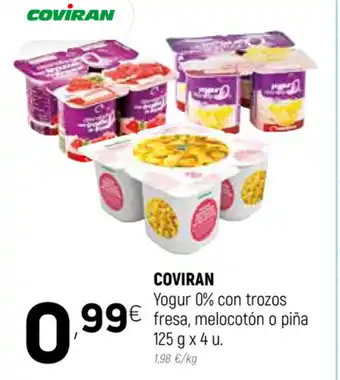 Coviran Coviran Yogur 0% Con Trozos Fresa, Melocotón o Piña 125 g x 4 u oferta