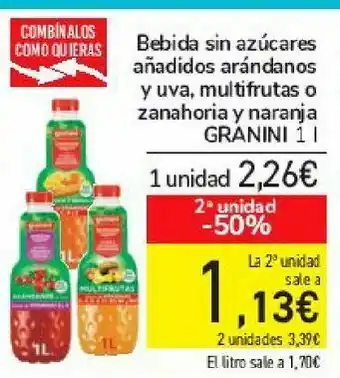 Carrefour Bebida sin azúcares añadidos arándanos y uva, multifrutas o zanahoria y naranja granini oferta