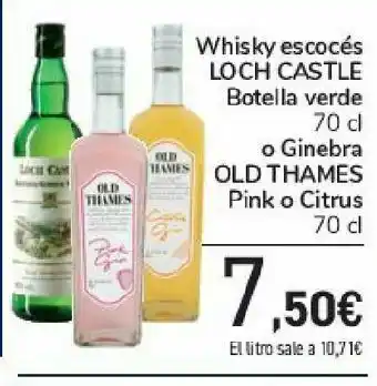 Carrefour Whisky escocés loch castle botella verde o ginebra old thames pink o citrus oferta