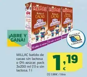 HiperDino Millac batido de cacao sin lactosa o 0% azúcar, pack 3x200 ml o sin lactosa, 1 l oferta