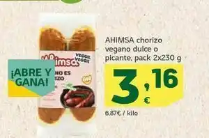 HiperDino Ahimsa chorizo vegano dulce o picante, pack 2x230 g oferta