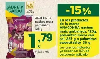 HiperDino Anaconda nachos maíz garbanzos, 125 g oferta