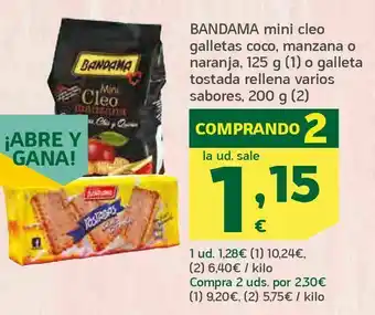 HiperDino Bandama mini cleo galletas coco, manzana o naranja, 125 g o galleta tostada rellena varios sabores, 200 g oferta