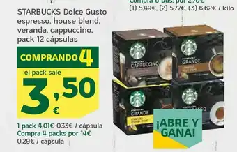 HiperDino Starbucks dolce gusto espresso, house blend, veranda, cappuccino, pack 12 cápsulas oferta