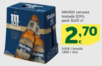 HiperDino Mahou cerveza tostada 0,0%, pack 6x25 cl oferta