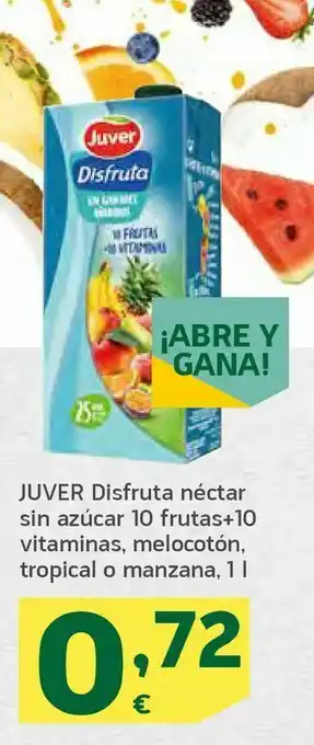 HiperDino Juver disfruta néctar sin azúcar 10 frutas + 10 vitaminas, melocotón, tropical o manzana, 1 l oferta