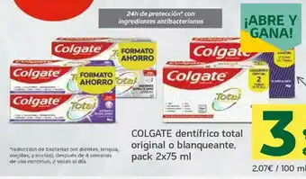 HiperDino Colgate dentífrico total original o blanqueante, pack 2x75 ml oferta