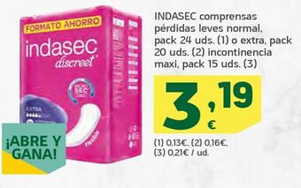 HiperDino Indasec comprensas pérdidas leves normal, pack 24 uds. o extra, pack 20 uds. incontinencia maxi, pack 15 uds. oferta