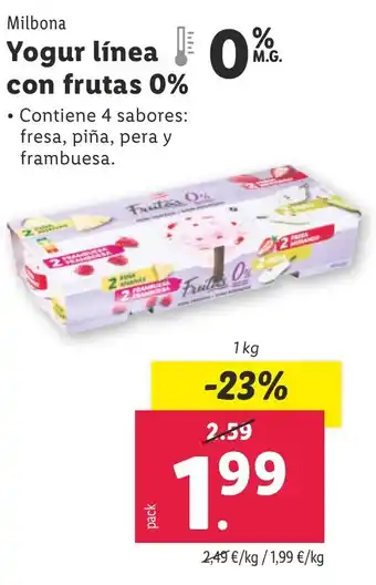 Lidl Milbona Yogur línea con frutas 0% oferta