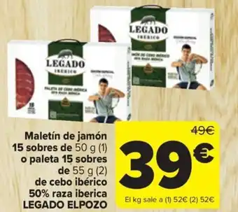 Carrefour Maletín de jamón 15 sobres de 50 g (1) o paleta 15 sobres de 55 g (2) de cebo ibérico 50% raza iberica LEGADO ELPOZO oferta