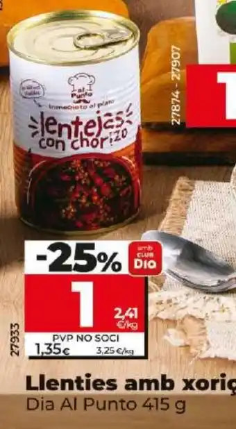 Dia Llenties amb xoriço Dia Al Punto 415 g oferta