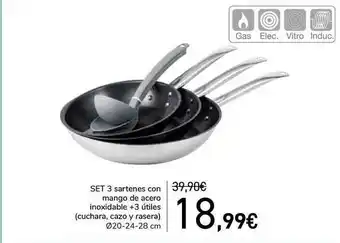 Carrefour Set 3 Sartenes Con Mango De Acero Inoxidable +3 útiles oferta