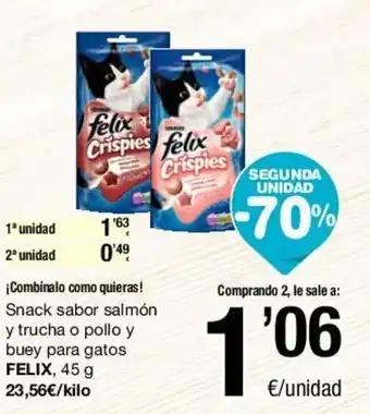 SPAR Felix Snack sabor salmón y trucha o pollo y buey para gatos 45g oferta