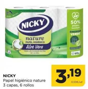 Alimerka NICKY Papel higiénico nature 3 capas, 6 rollos oferta