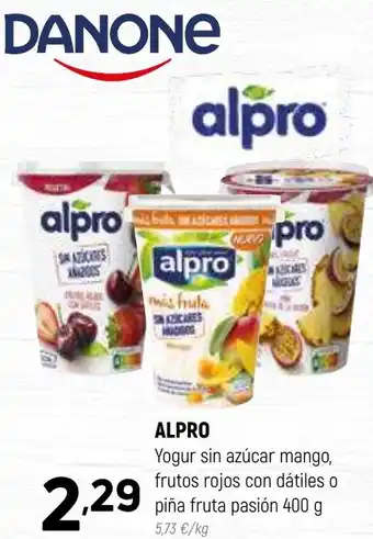 Coviran ALPRO Yogur sin azúcar mango, frutos rojos con dátiles o piña fruta pasión 400 g oferta