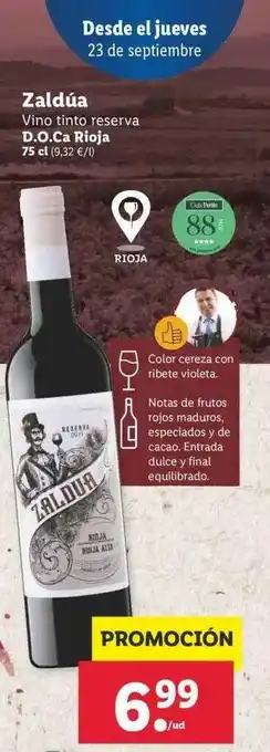 Lidl Zaldúa Vino Tinto Reserva D.o.Ca Rioja 75cl oferta