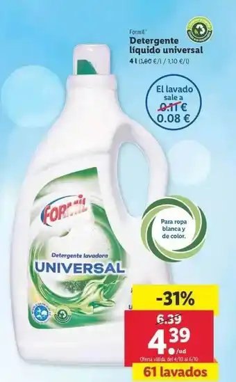 Lidl Formil Detergente Líquido Universal 4l oferta