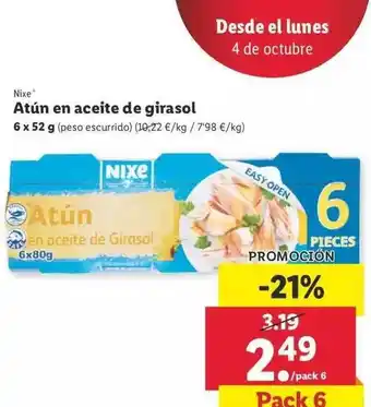 Lidl Nixe Atón En Aceite De Girasol 6 x 52g oferta