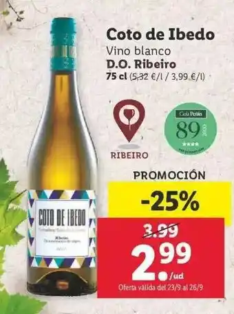 Lidl Coto De Ibedo Vino Blanco D.O. Ribeiro 75cl oferta