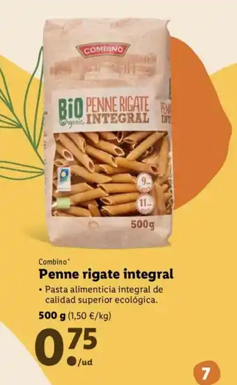 Lidl Penne rigate integral 500g oferta