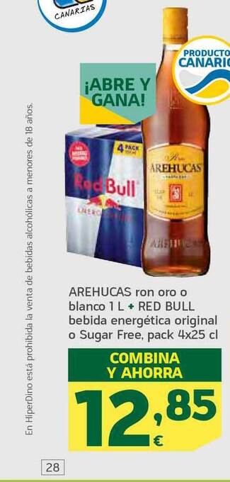 HiperDino Arehucas Ron Oro O Blanco + Red Bull Bebida Energética Original O Sugar Free oferta