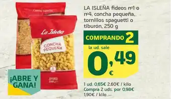HiperDino La Isleña Fideos N° 1 O N° 4 Concha Pequeña Tornillos Spaguetti O Tiburón 250g oferta