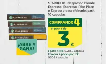 HiperDino Starbucks Nepresso Blonde Espresso Espresso Pike Place O Espresso Descafeinado Pack 10 Cápsulas oferta