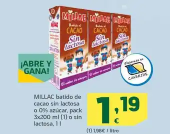 HiperDino Millac Batido De Cacao Sin Lactosa O 0% Azúcar 1l oferta