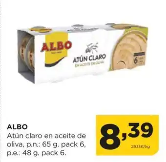 Alimerka ALBO Atún claro en aceite de oliva, p.n.: 65 g. pack 6, p.e.: 48 g. pack 6. oferta