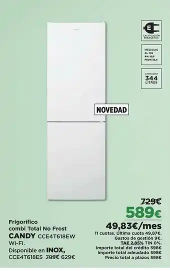 El Corte Inglés Frigorifico Combi Total No Frost Candy Cce4t618ew oferta