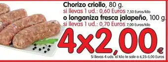 Alimerka Chorizo criollo 80g o longaniza fresca jalopeño 100g oferta