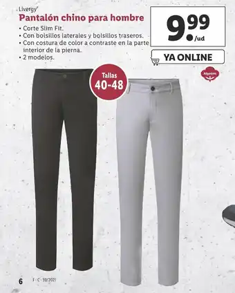 Lidl Livergy Pantalón chino para hombre Tallas 40-48 oferta