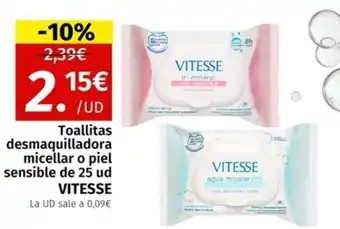 Maskom Supermercados VITESSE Toallitas desmaquilladora micellar o piel sensible de 25 ud oferta