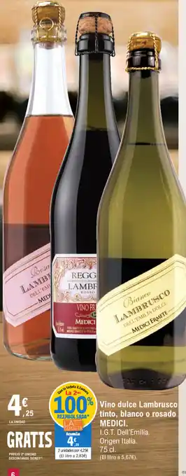 E.Leclerc Medici Vino dulce lambrusco tinto. blanco o rosado 75cl oferta