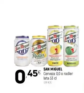 Coviran San Miguel Cerveza 0,0 o radler lata 33cl oferta