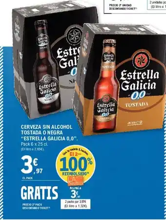 E.Leclerc Estrella Galicia 0,0 Cerveza Sin Alcohol Tostada O Negra pack 6 x 25cl oferta